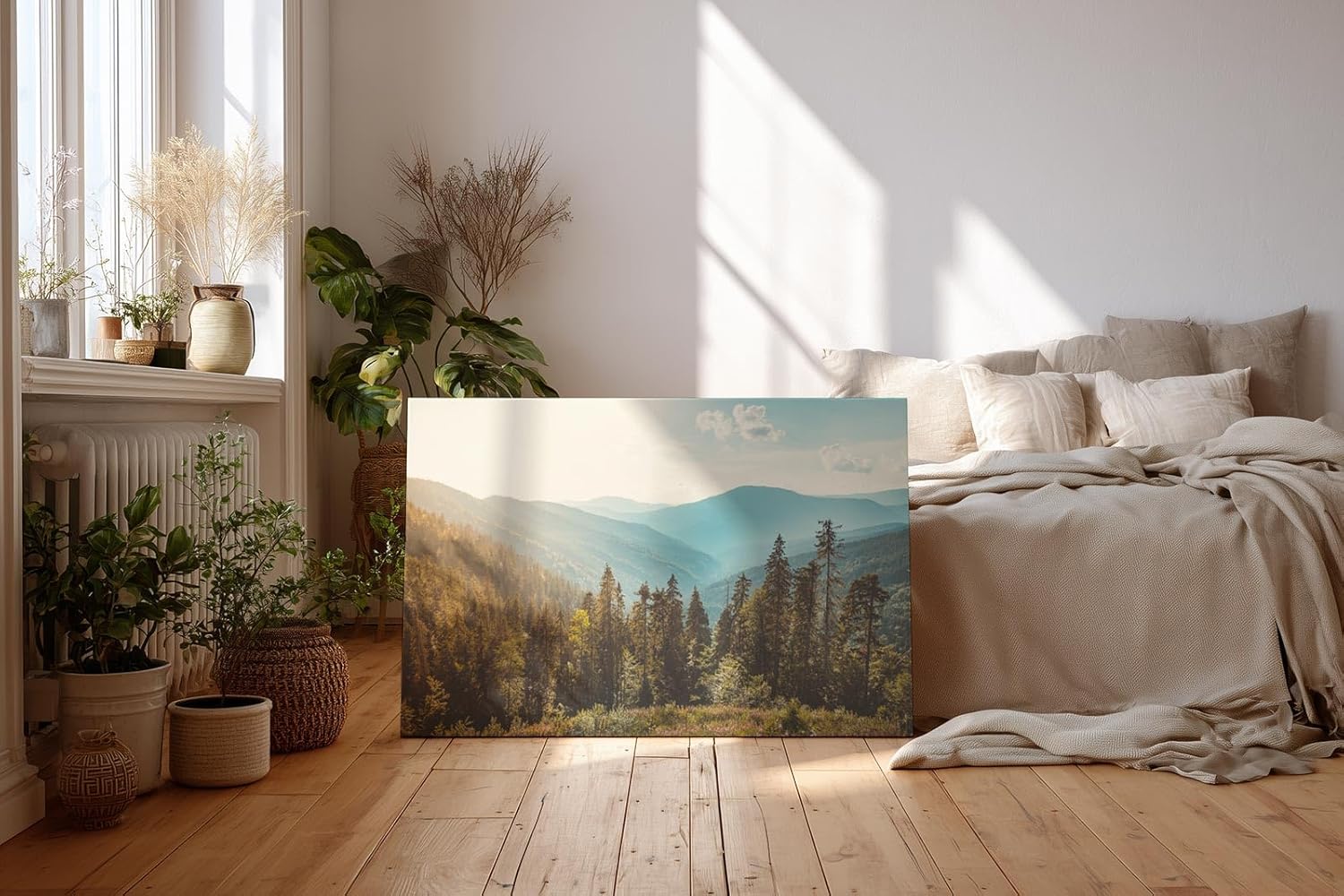 Sinus Art Wandbild 120x80cm Weiche Hügelketten mit bewaldeten Flanken im Sonnenlicht für ruhige Raumatmosphäre