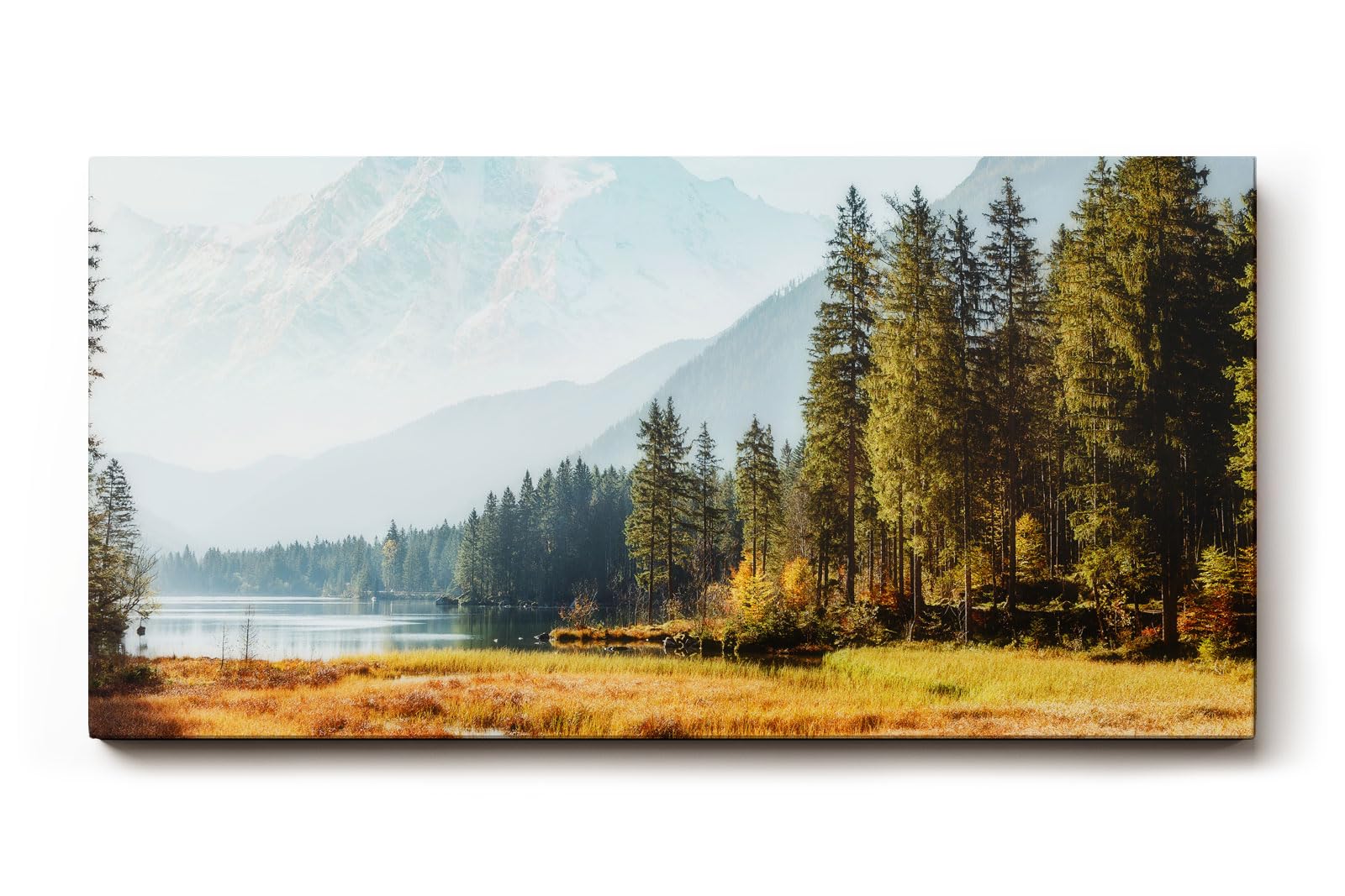 Sinus Art Wandbild 120x80cm Idyllische Szene mit Bergsee, herbstlicher Wiese und Tannenwald für naturverbundene Räume
