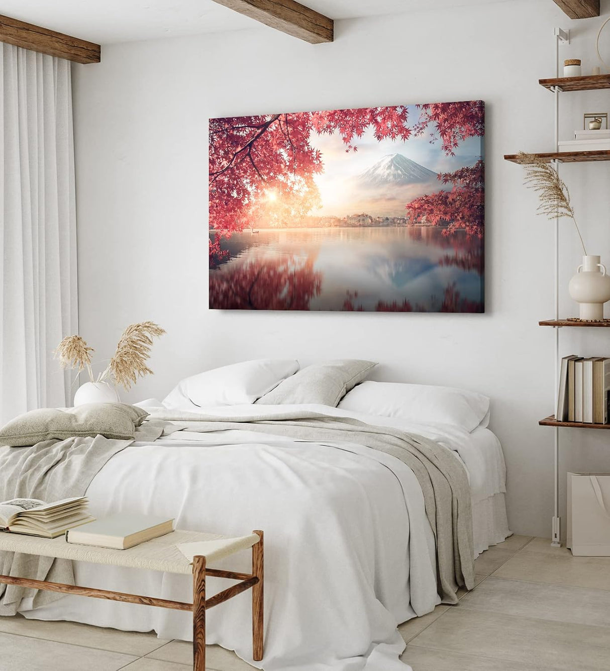 Paul Sinus Wandbild 120x80cm Japan Fuji Berg Baumkrone Herbstblätter Fischerboot