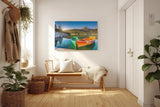 Sinus Art Wandbild 120x80cm Farbkräftige Boote auf spiegelndem Wasser mit Wald und Bergen im Hintergrund
