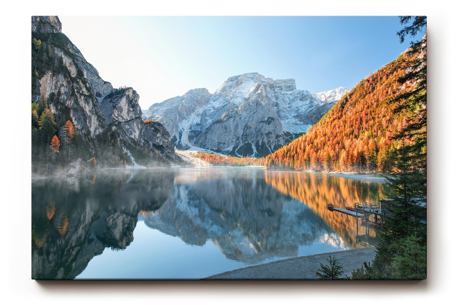 Sinus Art Wandbild 120x80cm Spiegelglatter See vor verschneiten Bergen und herbstlich gefärbtem Wald