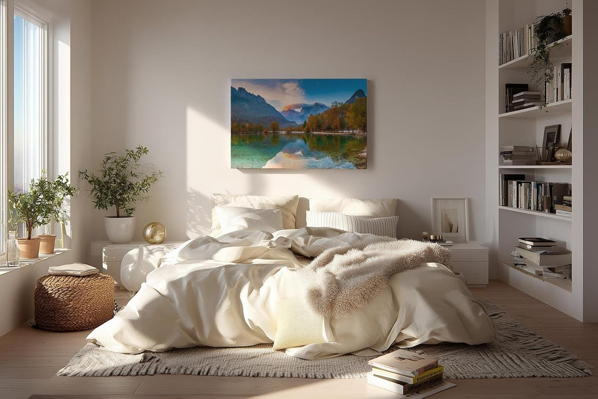 Sinus Art Wandbild 120x80cm Bunt gefärbter Herbstwald am See mit Spiegelung vor alpiner Kulisse für harmonische Raumwirkung