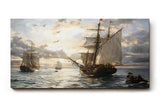 Sinus Art Wandbild 120x80cm Romantische Seeszene mit alten Segelschiffen, Möwen und Abendstimmung auf ruhiger Wasserfläche