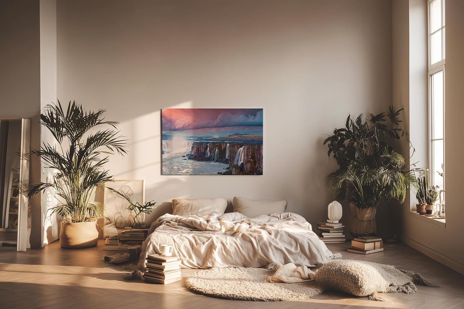 Sinus Art Wandbild 120x80cm Mächtige Wasserfälle vor weitläufiger Landschaft mit intensivem Himmel