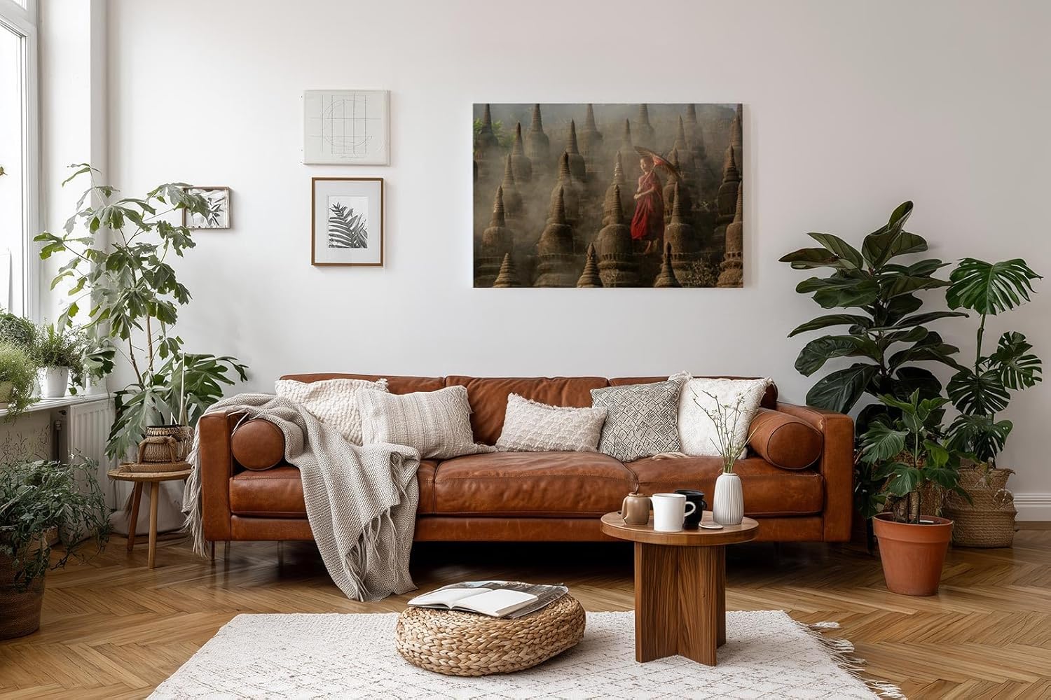 Sinus Art Wandbild 120x80cm Junger Mönch mit Schirm zwischen alten Stupas – Symbol für Glaube und Einkehr