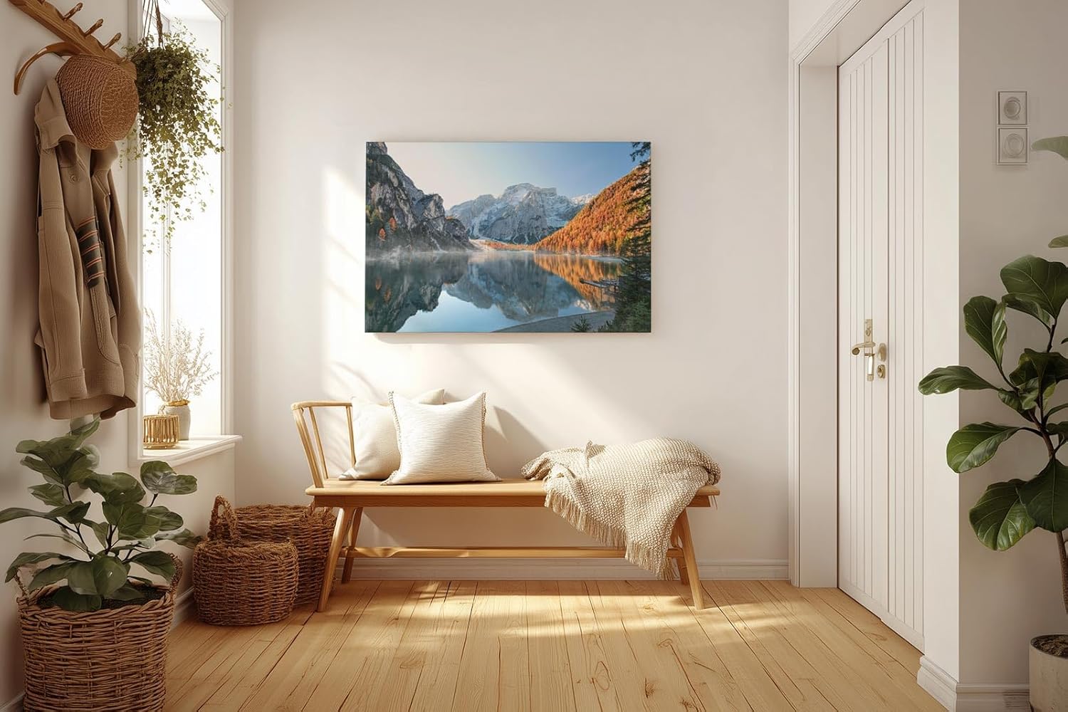 Sinus Art Wandbild 120x80cm Spiegelglatter See vor verschneiten Bergen und herbstlich gefärbtem Wald