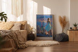 Paul Sinus Wandbild in 40x60cm A Nightfall in Hong Kong – Blick auf die funkelnde Skyline bei Nacht, elegante Frau im blauen Kleid, romantisches Stadtmotiv