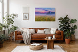 Sinus Art Wandbild 120x80cm Morgennebel über farbiger Wildblumenwiese – ideal für naturverbundene Raumgestaltung