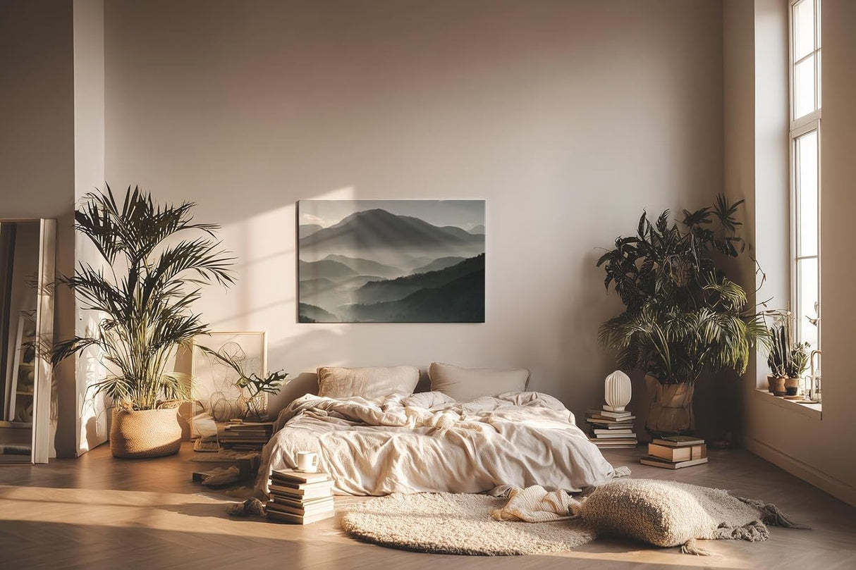 Sinus Art Wandbild 120x80cm Faszinierende Lichtstrahlen durchdringen den Morgennebel über mystischen Berglandschaften