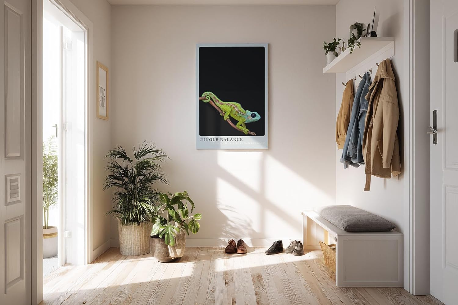 Paul Sinus Kunstdruck 40x60cm Jungle Balance mit Chamäleon auf Ast vor schwarzem Hintergrund