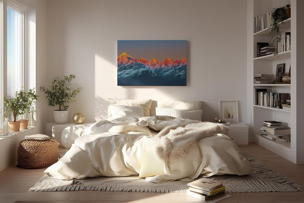 Sinus Art Wandbild 120x80cm Leuchtend rote Bergspitzen im ersten Sonnenlicht mit kühler Schneelandschaft