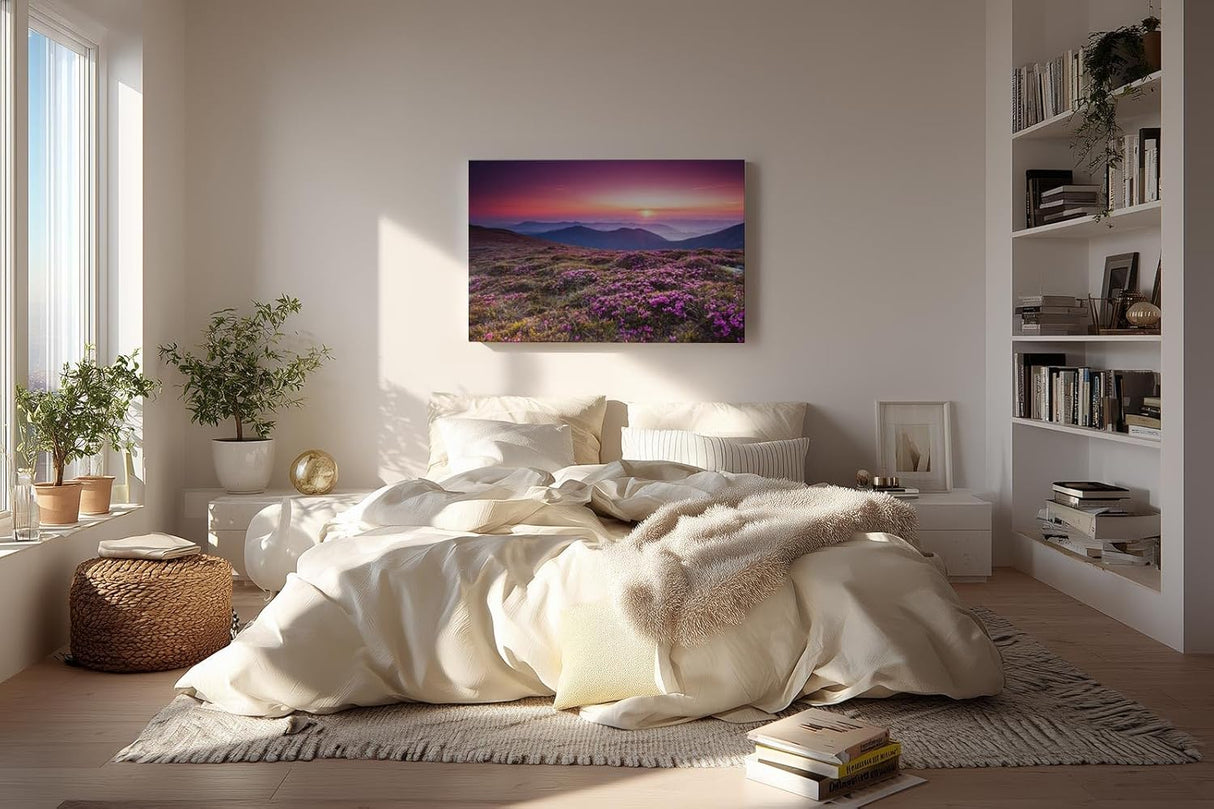 Sinus Art Wandbild 120x80cm Farbintensive Blumenwiese mit lila Blüten unter farbenfrohem Abendhimmel