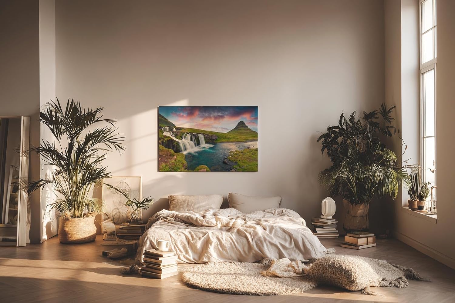 Sinus Art Wandbild 120x80cm Spektakuläres Zusammenspiel von Wasserfall, Berg und Himmel in Island
