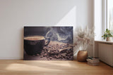 Sinus Art Wandbild 120x80cm Aromatische Darstellung mit dampfender Kaffeetasse und Kaffeebohnen weckt die Sinne und schafft gemütliche Stimmung