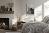 Paul Sinus Leinwandbild 60x90cm The Edge of Solitude – Minimalistische Kunst, abstrakte Silhouette auf geometrischer Architektur, tiefrote Drapierung