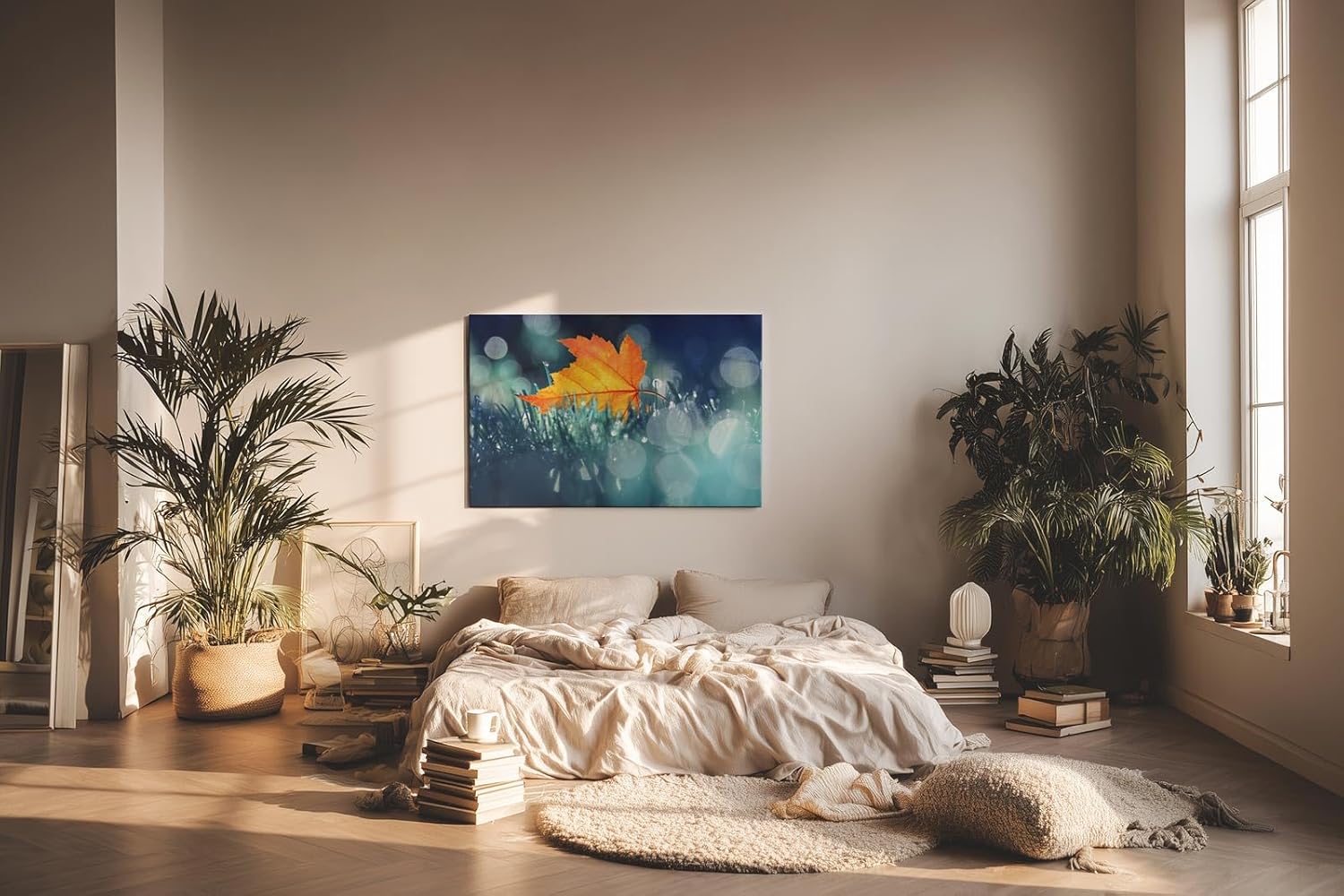 Sinus Art Wandbild 120x80cm Einzelnes orangefarbenes Ahornblatt im feuchten Gras mit Tautropfen und Lichtpunkten