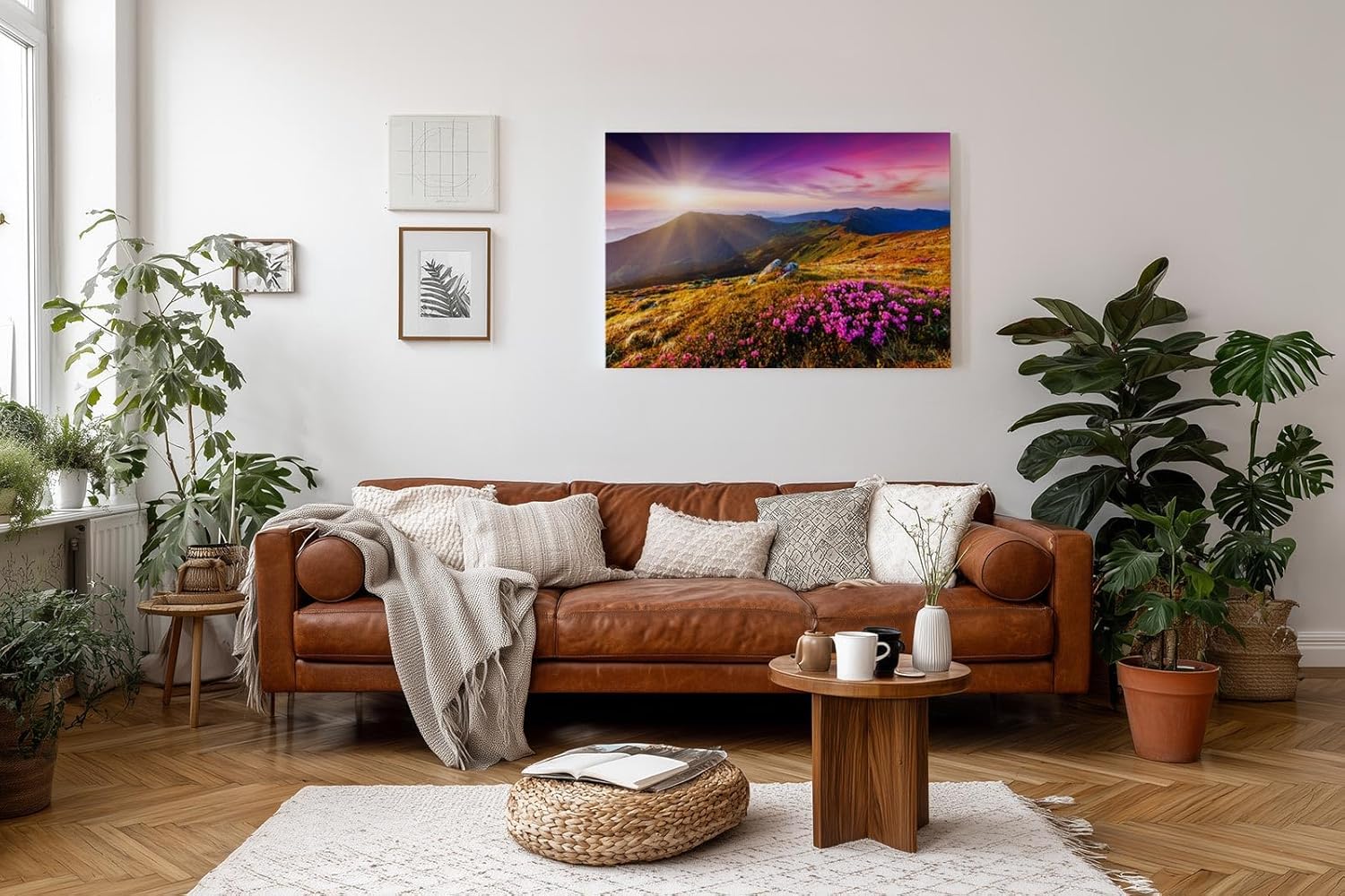 Sinus Art Wandbild 120x80cm Stimmungsvolles Landschaftsmotiv mit leuchtendem Himmel und blühender Wiese