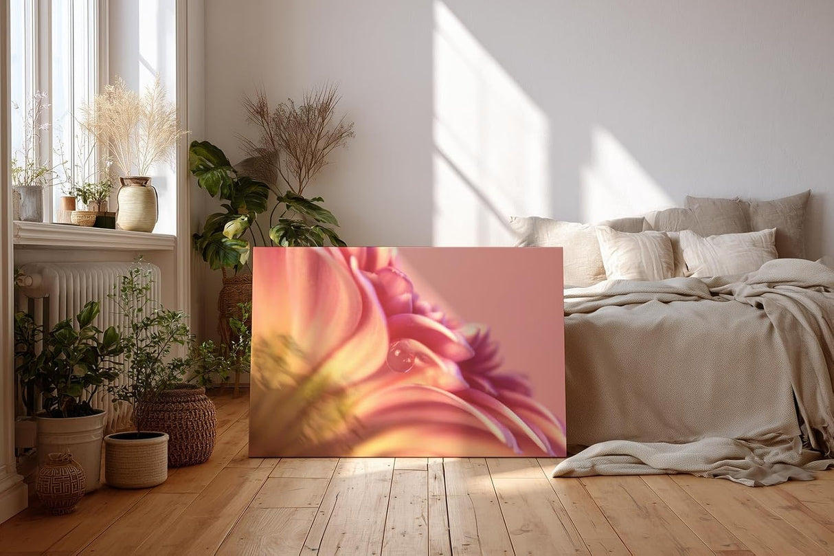 Sinus Art Wandbild 120x80cm Zartrosa Blütenstruktur mit transparentem Tautropfen – ruhig, romantisch und poetisch