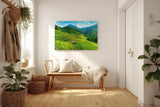 Sinus Art Wandbild 120x80cm Gestufte Reisterrassen in leuchtendem Grün vor Bergkulisse und weitem Himmel