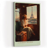 Paul Sinus Wandbild in 40x60cm A Journey to Love – Frau im Zug mit Blick auf den Eiffelturm, warmes Abendlicht, romantisches Paris-Motiv im Vintage-Stil