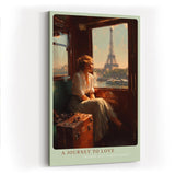 Paul Sinus Wandbild in 40x60cm A Journey to Love – Frau im Zug mit Blick auf den Eiffelturm, warmes Abendlicht, romantisches Paris-Motiv im Vintage-Stil