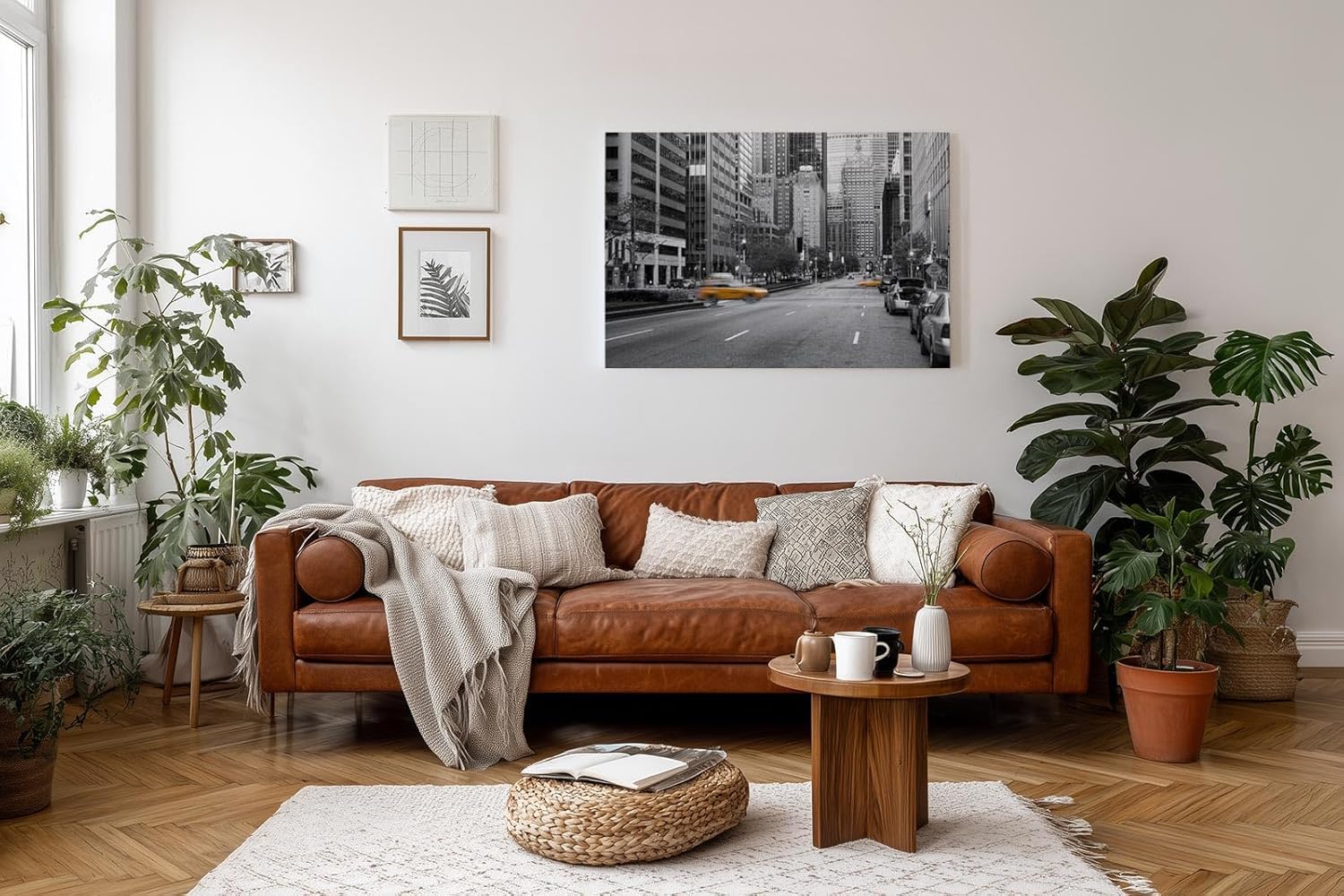 Sinus Art Wandbild 120x80cm Schwarz-Weiß-Straßenszene mit leuchtenden gelben Taxis – dynamisch, stilvoll und ikonisch