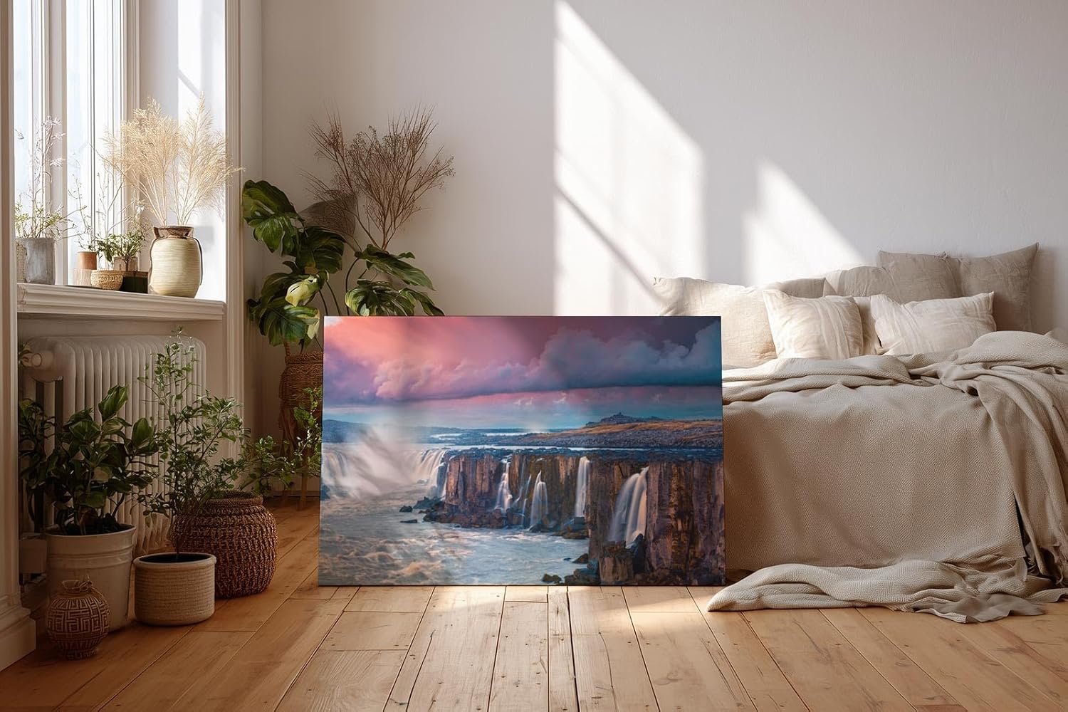 Sinus Art Wandbild 120x80cm Mächtige Wasserfälle vor weitläufiger Landschaft mit intensivem Himmel