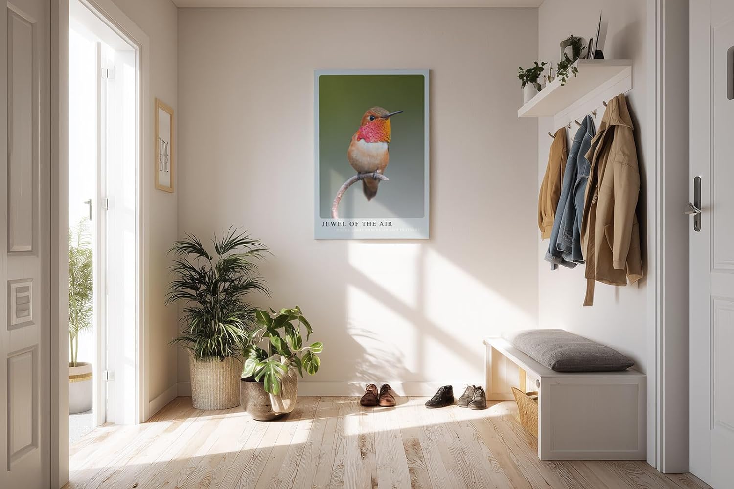 Paul Sinus Kunstdruck 40x60cm Kolibri mit schimmerndem Gefieder – Lichtspiel auf zarten Federn in Perfektion