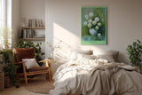 Paul Sinus Wandbild in 40x60cm Quiet Blossoms zartes Stillleben mit weißen Chrysanthemen in weißer Vase vor grünem Hintergrund
