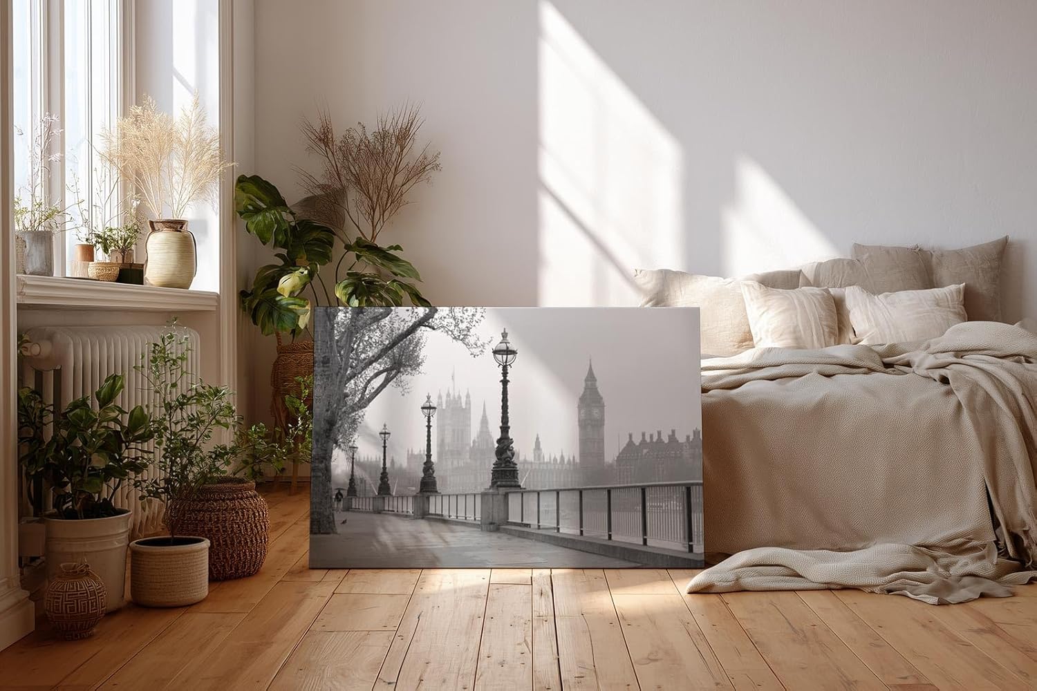 Sinus Art Wandbild 120x80cm Klassische London-Szene mit Laternenreihe und ikonischer Silhouette – elegant und urban