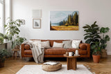 Sinus Art Wandbild 120x80cm Idyllische Szene mit Bergsee, herbstlicher Wiese und Tannenwald für naturverbundene Räume