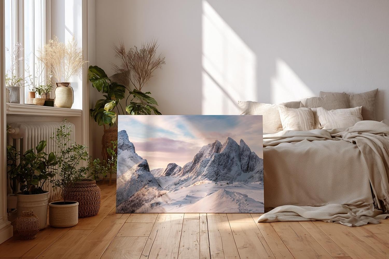 Sinus Art Wandbild 120x80cm Imposante Schneelandschaft mit Sonnenlicht auf Gipfeln für klare und ruhige Raumwirkung