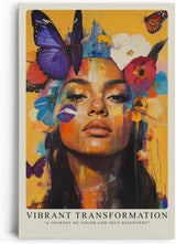 Paul Sinus Leinwandbild 80x120cm Leinwandbild Lebendige Transformation – Kraftvolles Porträt mit intensiven Farben, Schmetterlingen und floralen Akzenten