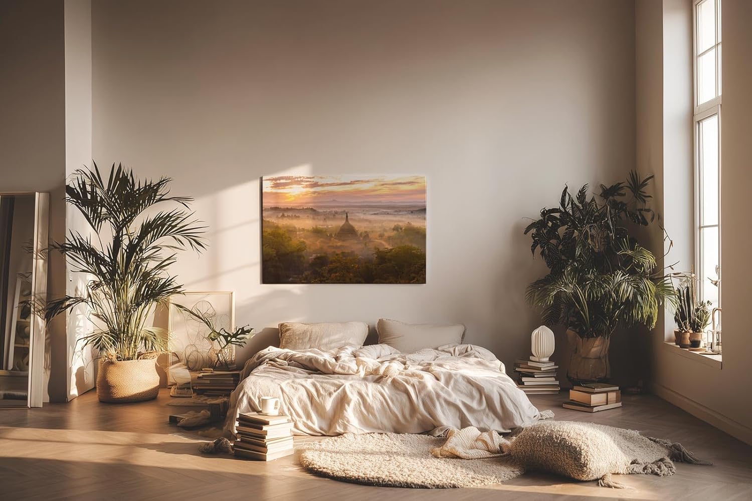 Sinus Art Wandbild 120x80cm Tempel im Morgendunst – faszinierende Komposition aus Kultur, Natur und Licht