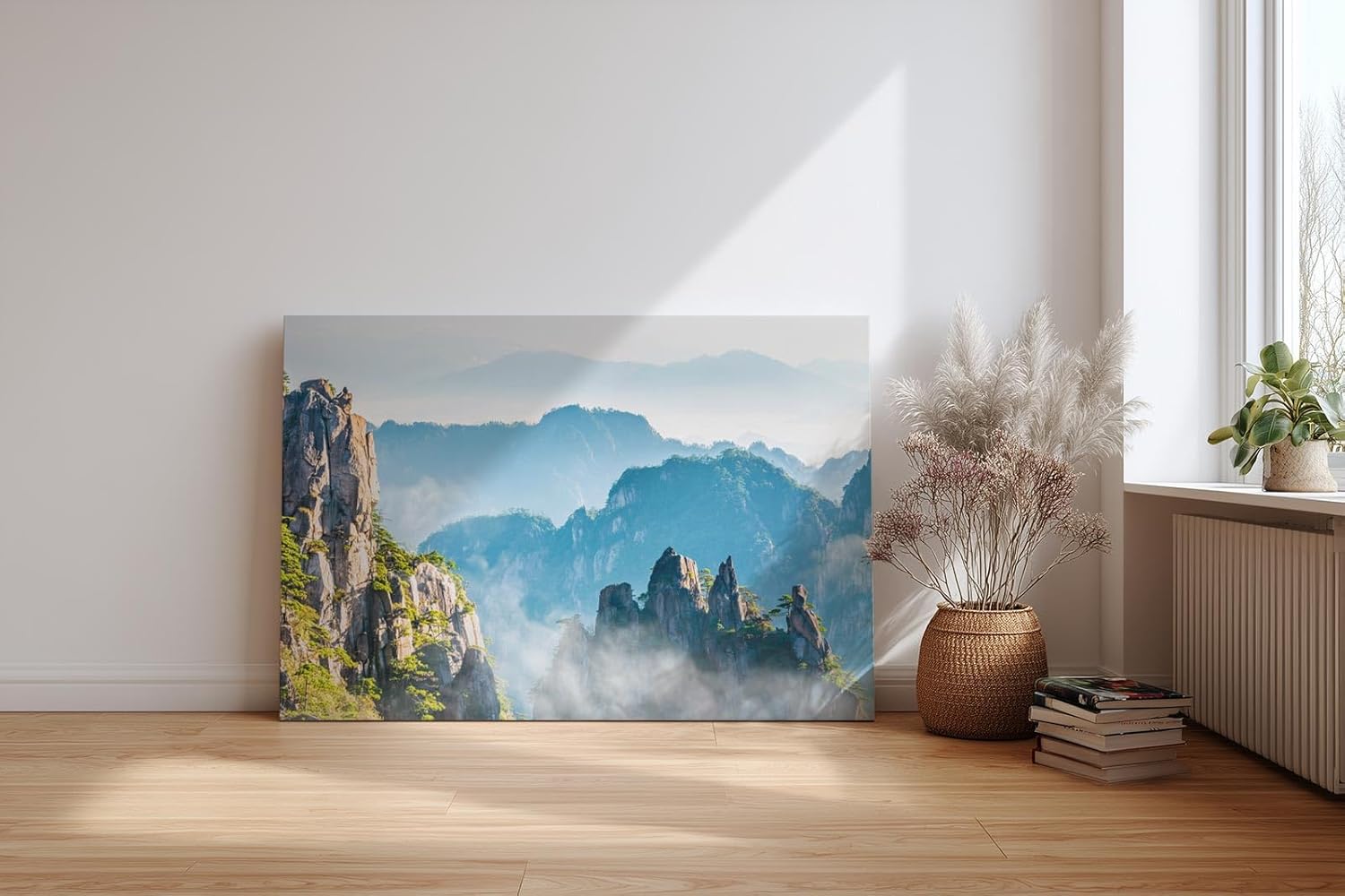 Sinus Art Wandbild 120x80cm Zerklüftete Bergformationen im Nebelmeer für eine ruhige und geheimnisvolle Raumwirkung