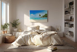 Sinus Art Wandbild 120x80cm Tropische Insel mit Palmen und weißem Sandstrand für entspannende Raumwirkung