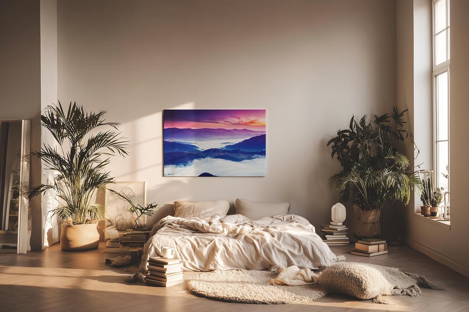 Sinus Art Wandbild 120x80cm Stimmungsvolle Bergsilhouette mit Nebelmeer im Tal und farbenprächtigem Himmel