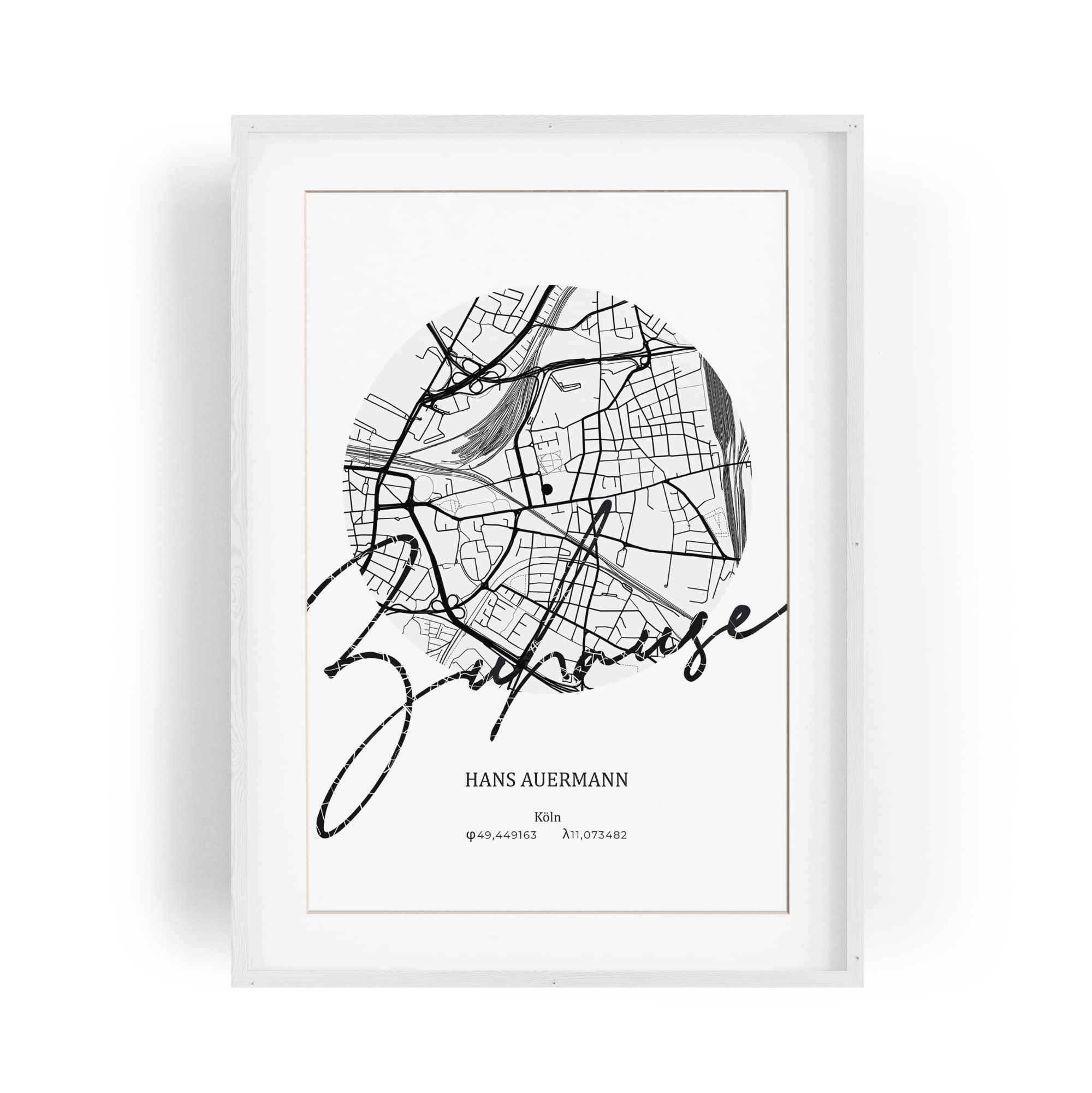 Paul Sinus Bilderrahmen personalisierter Stadtplan mit deinen GPS Koordinaten und Namen. 30cm x 42cm Holz Wechselrahmen mit Glas und Passepartout. Moderne Geschenkidee zum Geburtstag (ohne Rahmen)