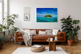 Sinus Art Wandbild 120x80cm Kleine tropische Insel mit Palmen und weißem Strand im türkisfarbenen Wasser
