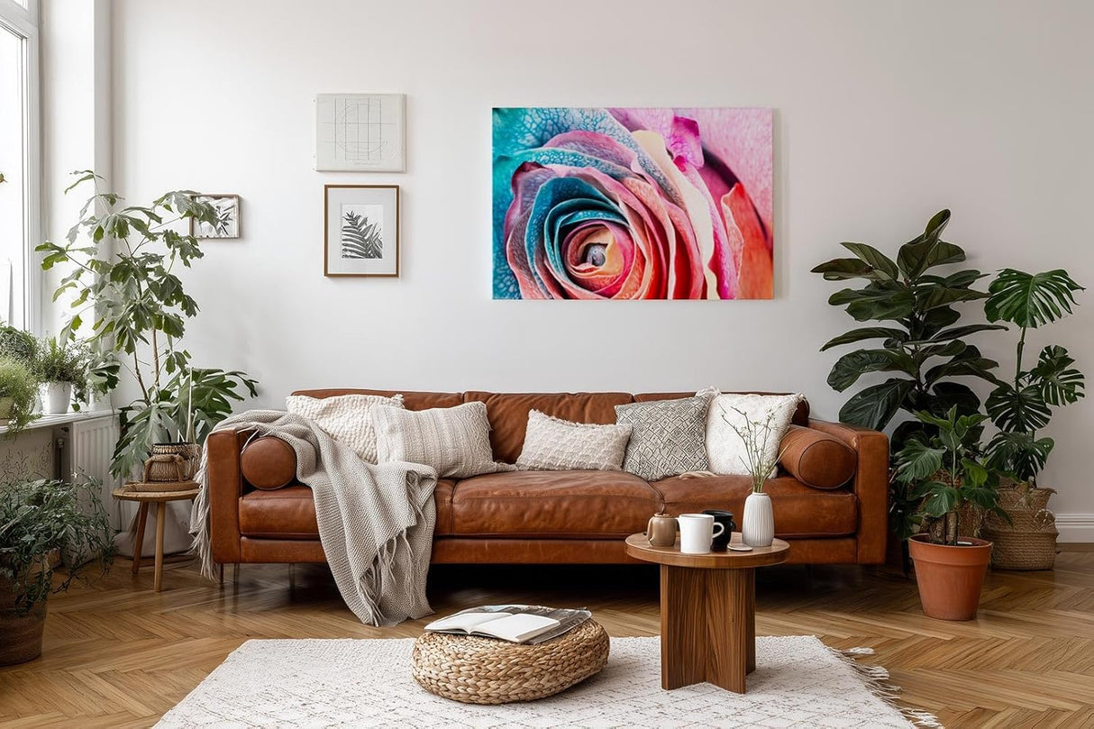 Sinus Art Wandbild 120x80cm Intensive Nahaufnahme einer vielfarbigen Rose mit einzigartiger Blattstruktur