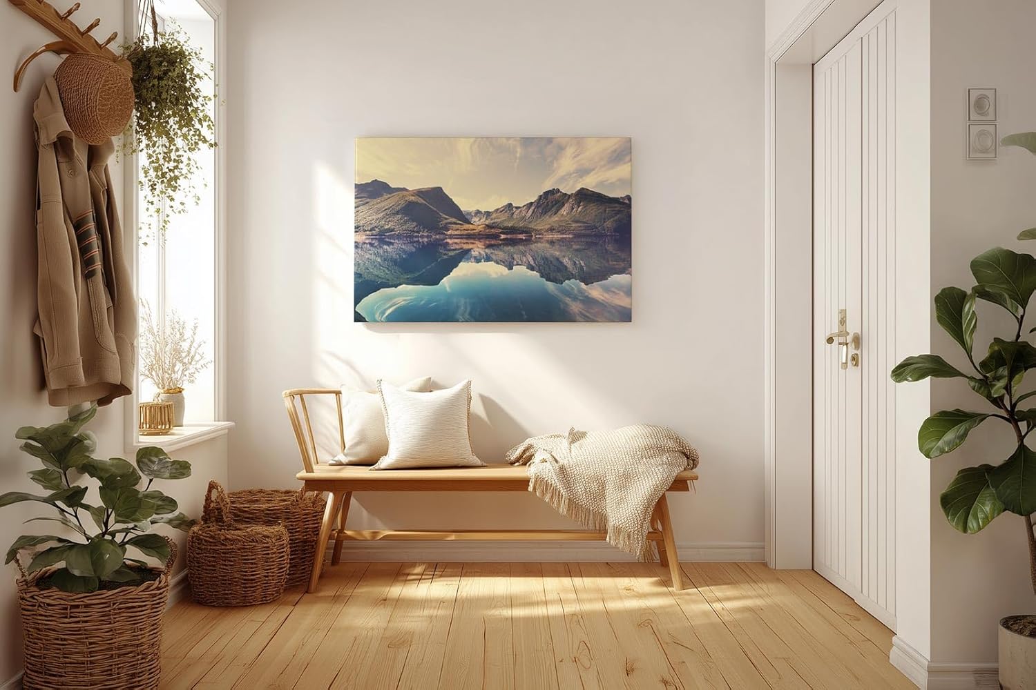 Sinus Art Wandbild 120x80cm Berge und Himmel spiegeln sich perfekt in einem ruhigen klaren See vor beeindruckender Kulisse