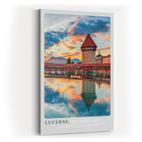 Paul Sinus Kunstdruck 40x60cm Luzern Schweiz mit Kapellbrücke und Wasserturm bei Sonnenuntergang