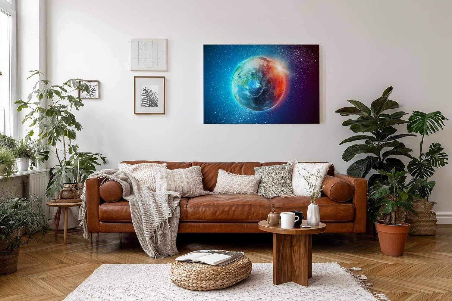 Sinus Art Wandbild 120x80cm Leuchtender Erdball vor funkelndem Sternenhimmel mit realistischer Tiefe