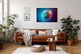 Sinus Art Wandbild 120x80cm Leuchtender Erdball vor funkelndem Sternenhimmel mit realistischer Tiefe