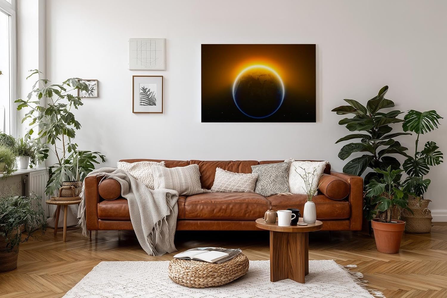 Sinus Art Wandbild 120x80cm Die aufgehende Sonne hinter der Erde erzeugt ein imposantes Lichtspiel im All