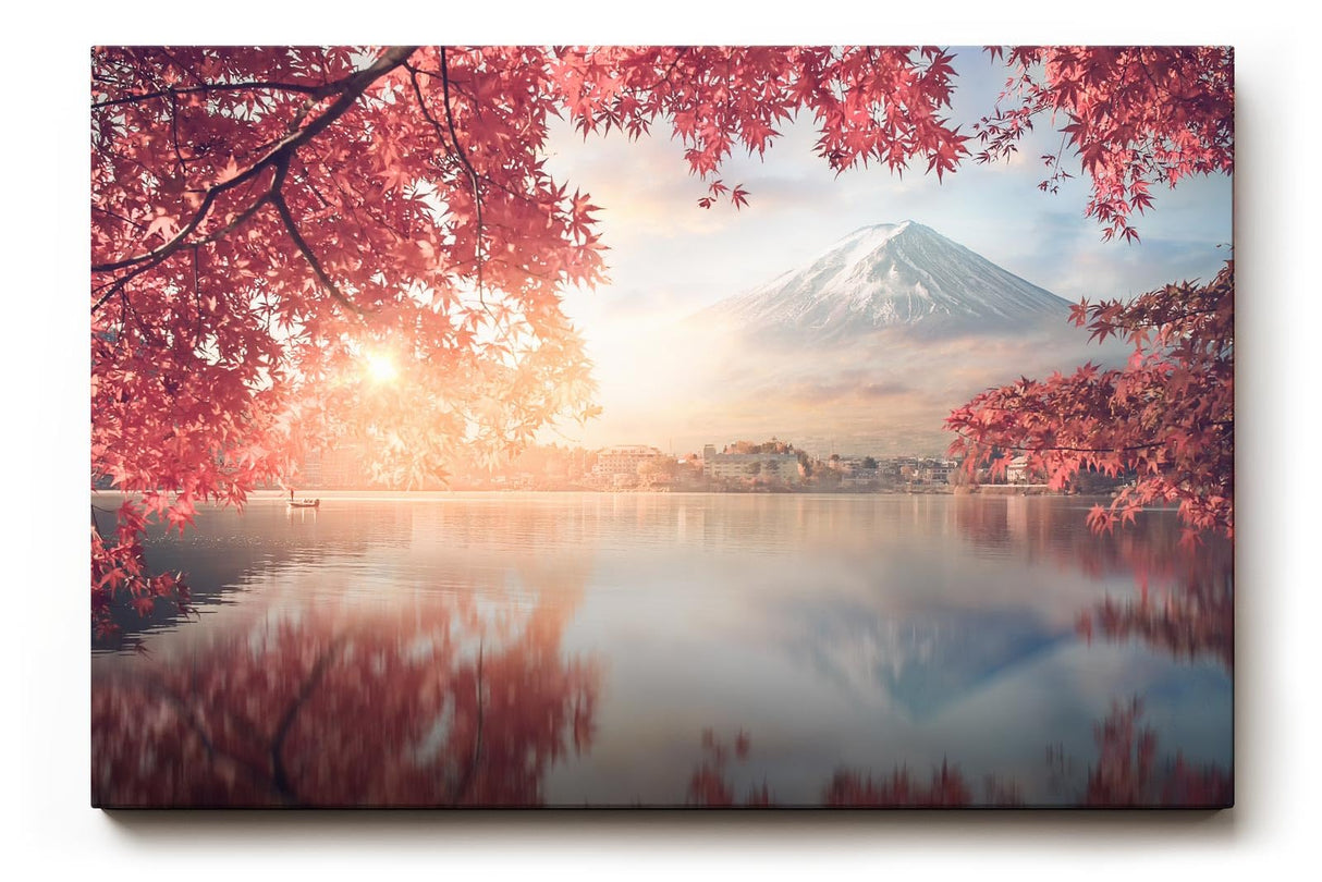 Sinus Art Wandbild 120x80cm Blick auf schneebedeckten Fuji hinter rosa Blüten über stillem Wasser