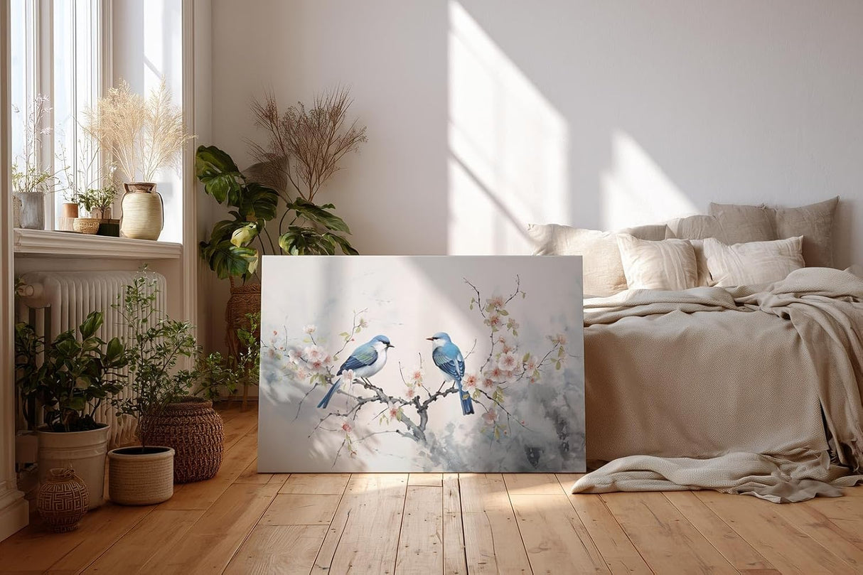 Sinus Art Wandbild 120x80cm Detailreiches Naturmotiv mit zwei blauen Vögeln auf blühendem Ast – filigran und stimmungsvoll gestaltet