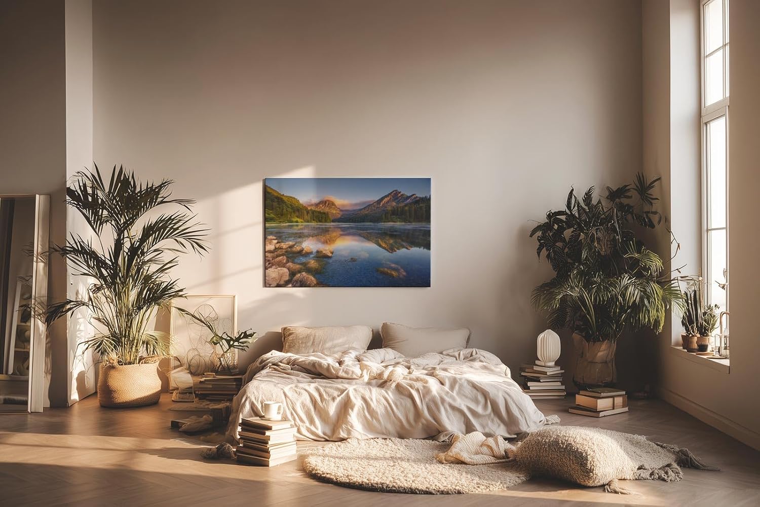 Sinus Art Wandbild 120x80cm Faszinierende Berglandschaft mit ruhigem See und perfekter Spiegelung für harmonische Raumwirkung