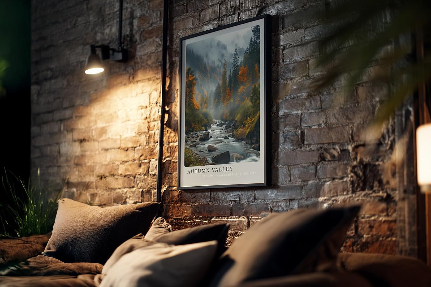 Paul Sinus Kunstdruck 40x60cm Autumn Valley – Herbstliches Flusstal mit buntem Wald und Nebelschwaden in den Bergen