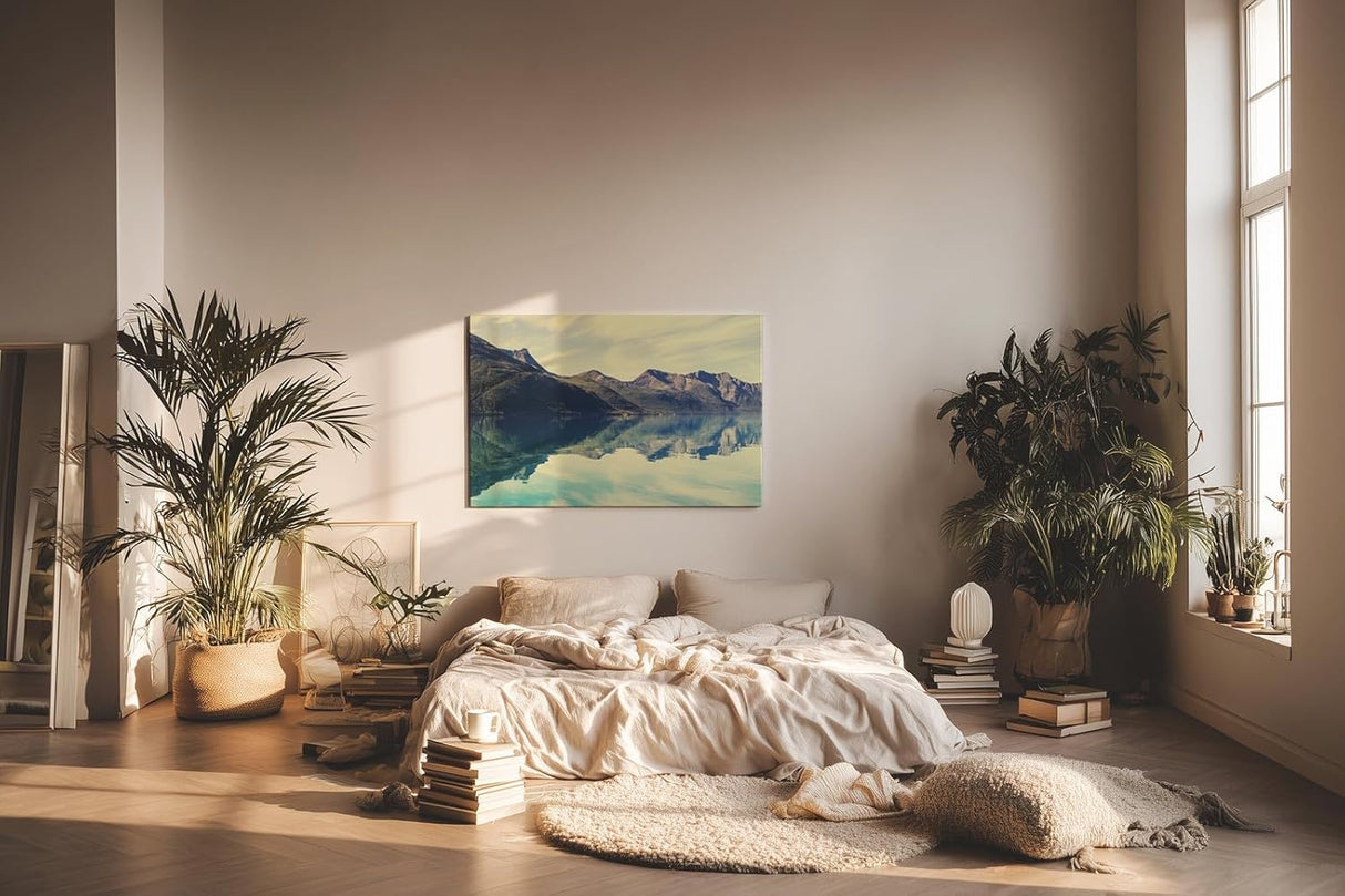 Sinus Art Wandbild 120x80cm Ruhiger Bergsee mit klarer Spiegelung und weiter Gebirgskulisse – beruhigend und inspirierend